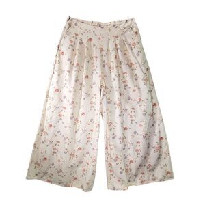 sz L Wide Leg Cream Floral Pants Pleated Cottagecore Coquette Beige Feminine